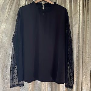 SOLD SHEIN Black Blouse with Ruffle Neckline and Sheer Polka Dot Sleeves